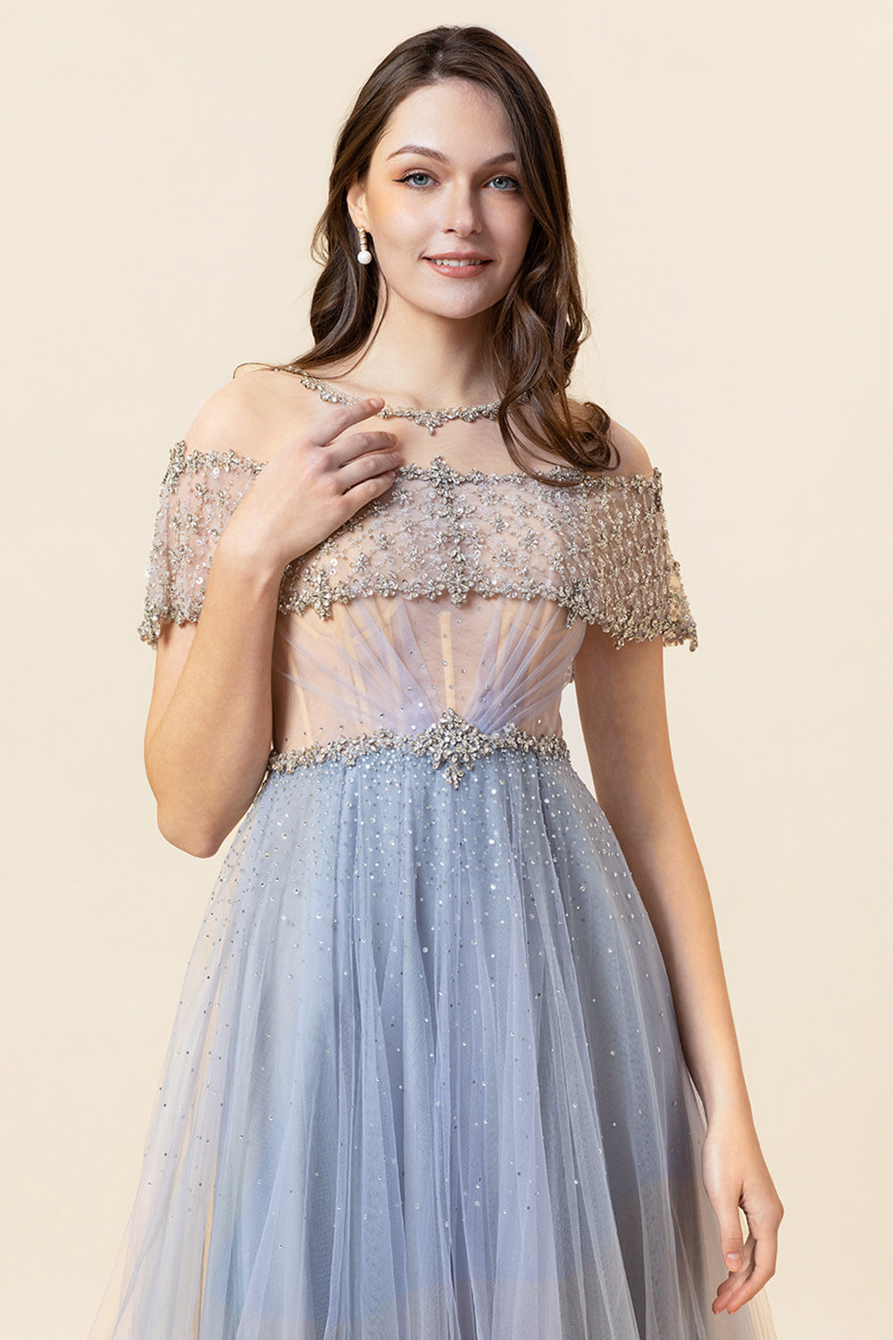 Sparkly Grey A-Line Beaded Long Tulle Evening Dress