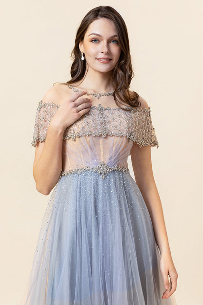 Sparkly Grey A-Line Beaded Long Tulle Evening Dress