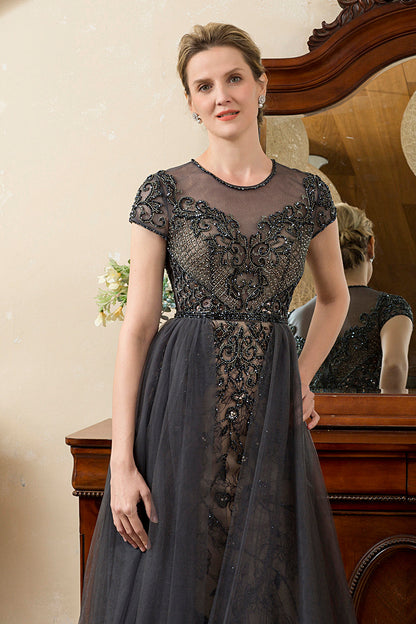Dark Grey A Line Tulle Beaded Glitter Mother of Bride Dress