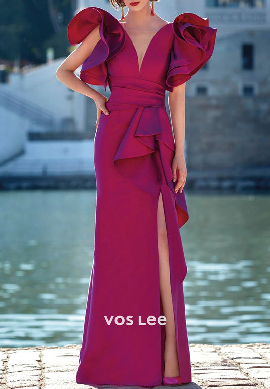Short Sleeve V Neck Pleated Sheath Mother of Bride Dresses with Side Split