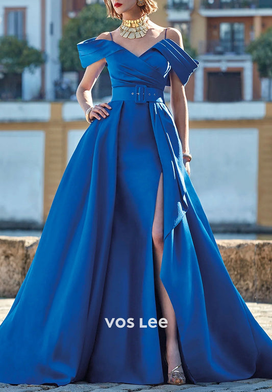 Royal Blue A-Line Off the Shoulder Mother of Bride Dresses with Court Train