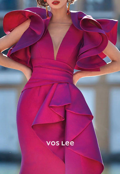 Short Sleeve V Neck Pleated Sheath Mother of Bride Dresses with Side Split