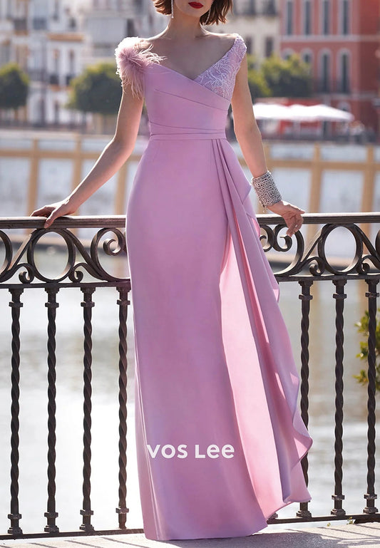 Pink V Neck Feather Floor-Length Beading Mermaid Mother of Bride Dresses