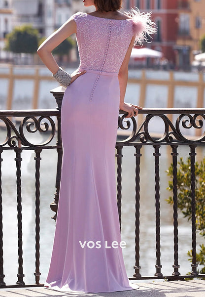 Pink V Neck Feather Floor-Length Beading Mermaid Mother of Bride Dresses