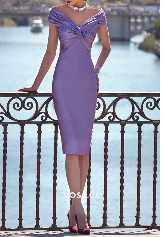 Tahiti Off the Shoulder Mermaid Pleated Tea-Length Mother of Bride Dresses