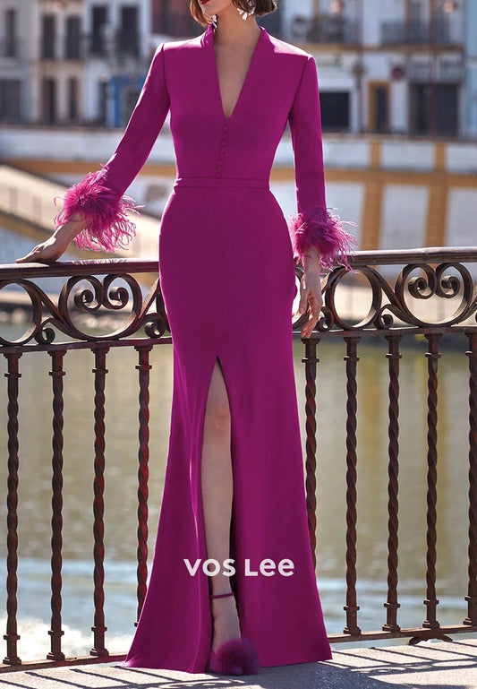 3/4 Sleeve Feather V Neck Floor-Length Mermaid Mother of Bride Dresses