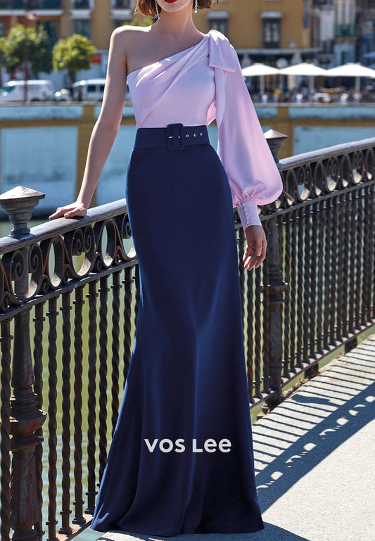 Long Sleeve One Shoulder Bowknot Pleated Sheath Mother of Bride Dresses