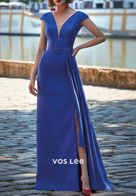 Royal Blue Cap Straps V Neck Sheath Long Mother of Bride Dresses