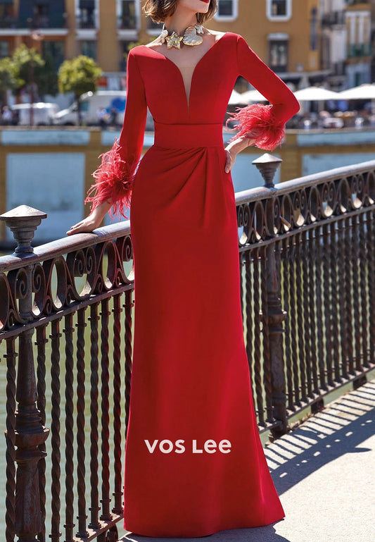 Red V Neck 3/4 Sleeve Feather Mermaid Mother of Bride Dresses
