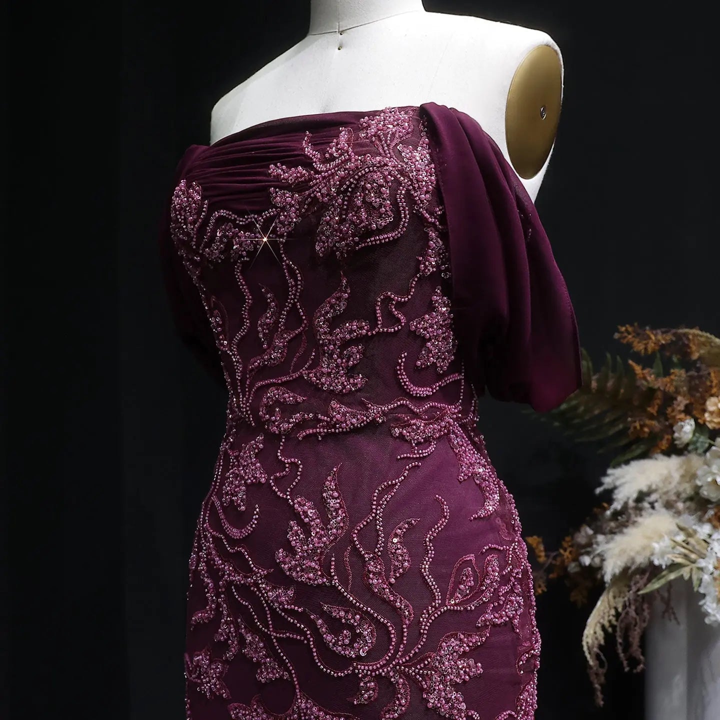 Elegant Ivory Sequin Off Shoulder Embroidered Evening Dress