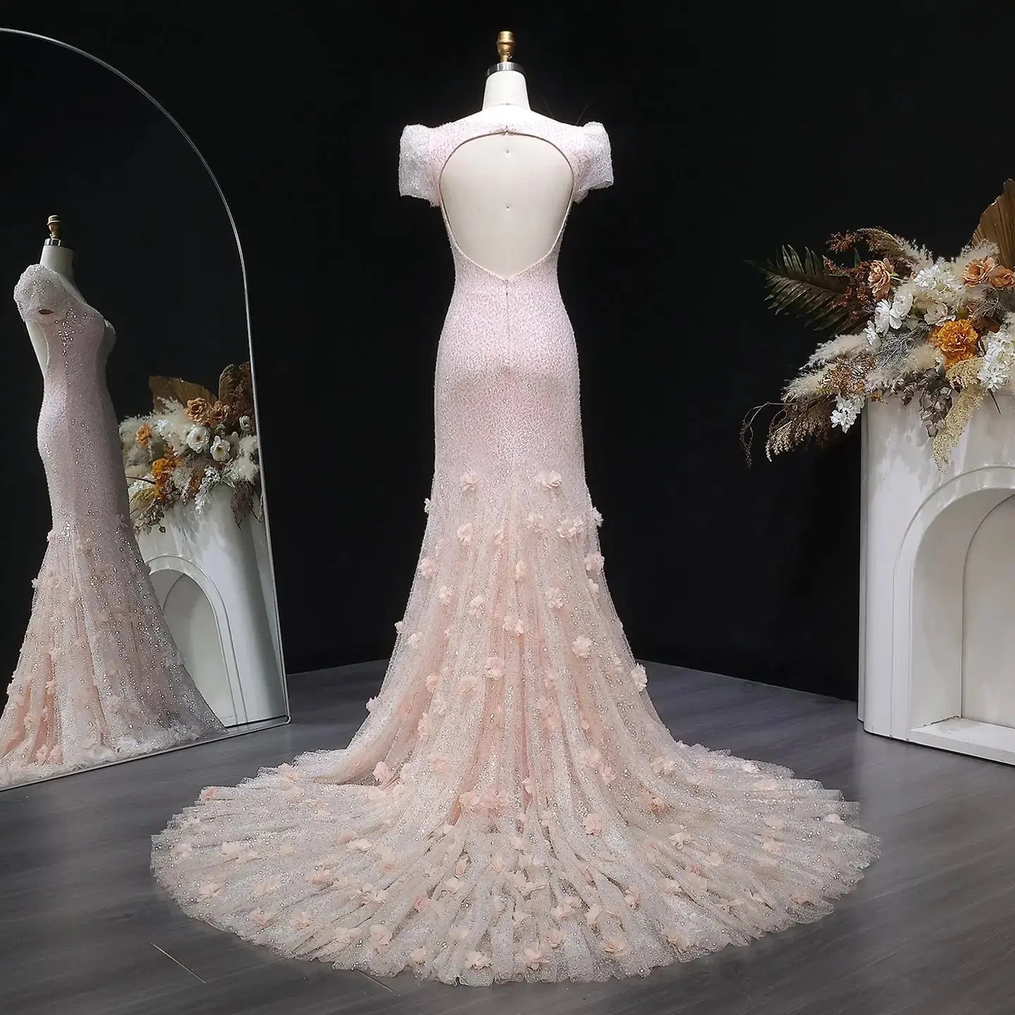Luxury Pink Gradient Sequin Mermaid Train Evening Dress