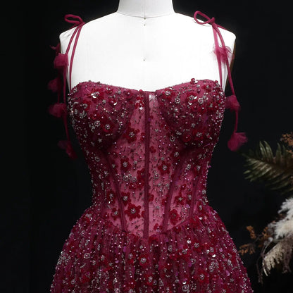 Delicate Pink 3D Floral Spaghetti Evening Dress