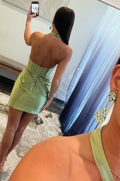 Sage Green Mermaid Halter Neck Short Satin Homecoming Dress