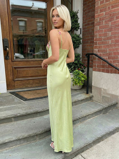 Sage Green Satin Slip Prom Dress with Floral Embroidery