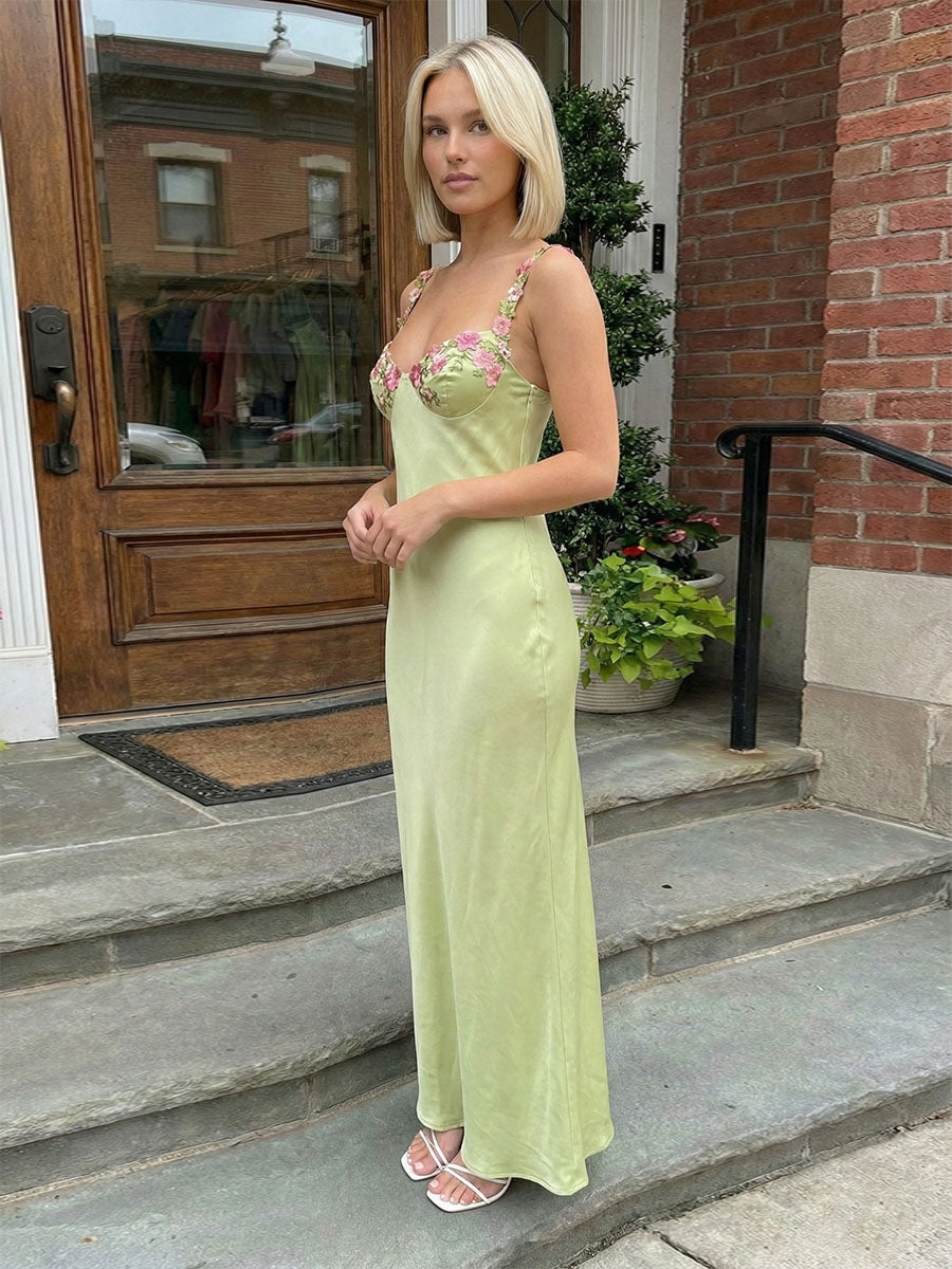 Sage Green Satin Slip Prom Dress with Floral Embroidery