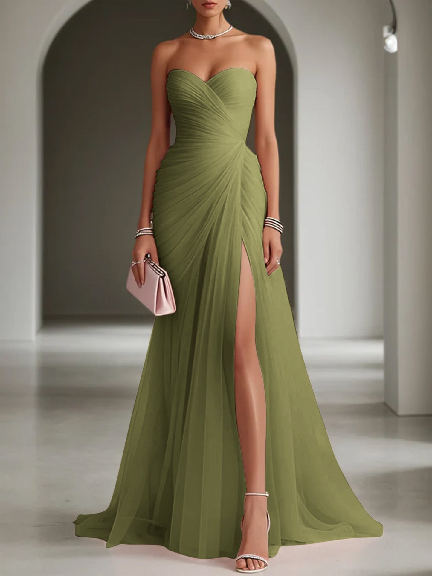 Pink Ruched Slit Tulle Strapless Sleeveless Sheath Gown Dress