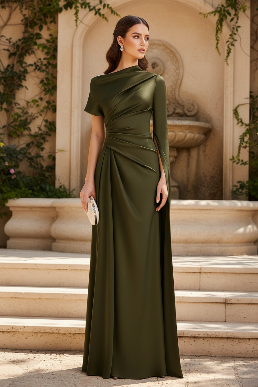 Dark Green Asymmetrical Neck Ruched Formal Evening Dress