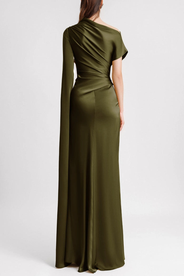 Dark Green Asymmetrical Neck Ruched Formal Evening Dress