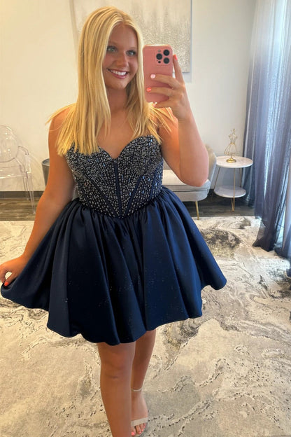 Satin Homecoming Dress with Beaded Corset Bodice and Sweetheart Neckline