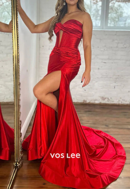 Sexy  Strapless Ruched Sweetheart Side Split Mermaid Prom Dresses with Sweep Train