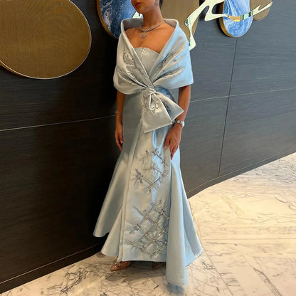 Luxury Blue Mermaid Evening Dress with Beaded Cape Shawl