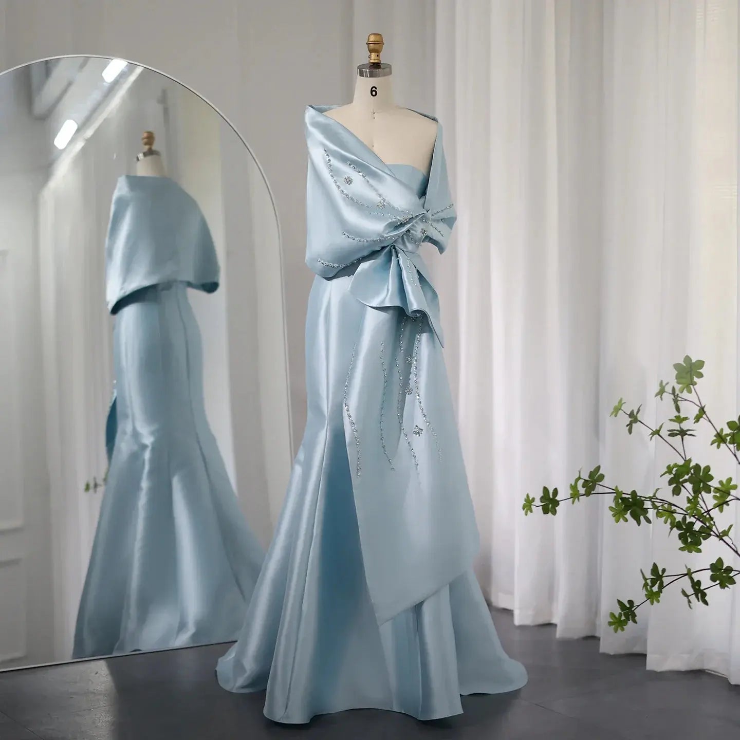 Luxury Blue Mermaid Evening Dress with Beaded Cape Shawl