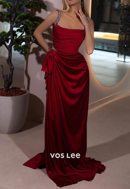 Glamorous & Dramatic Spaghetti Straps Prom Dresses with Pleated High Split