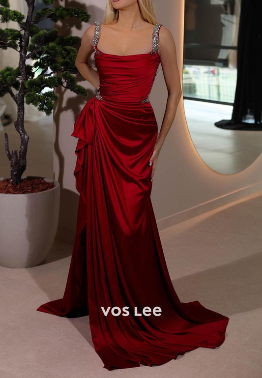 Glamorous & Dramatic Spaghetti Straps Prom Dresses with Pleated High Split