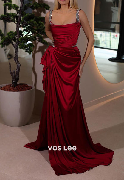 Glamorous & Dramatic Spaghetti Straps Prom Dresses with Pleated High Split
