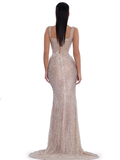 Champagne Sequin Mermaid Gown with Square Neckline & Sweeping Train