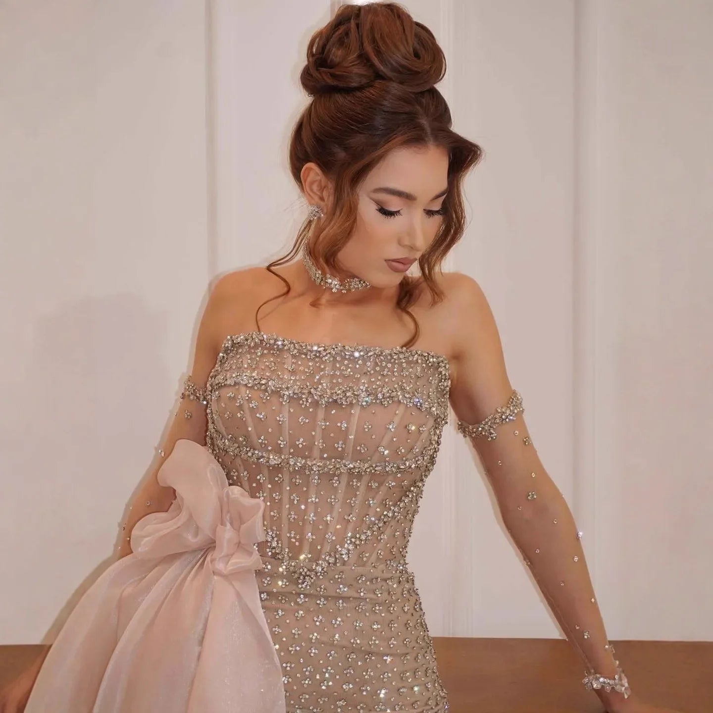 Luxury Dubai Crystal Mermaid Evening Dress with Skirt