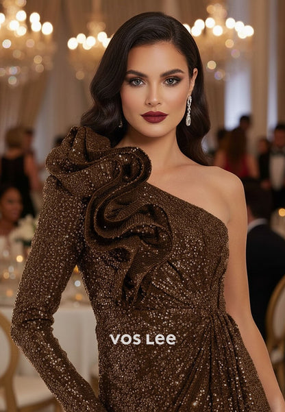 Sparkling Sequin One Shoulder Ruffled Evening Dress Split Formal Gowns