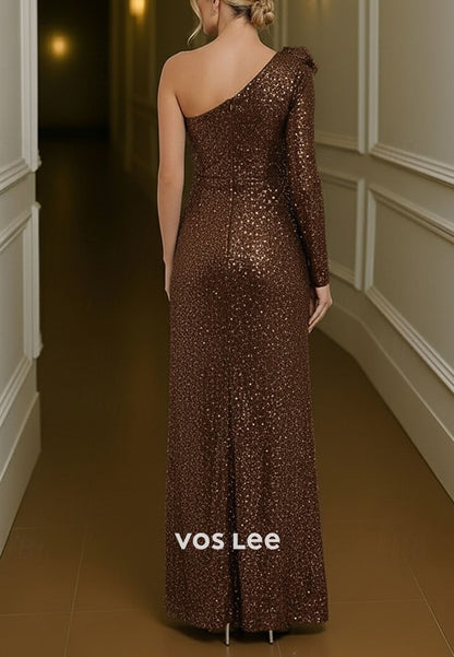 Sparkling Sequin One Shoulder Ruffled Evening Dress Split Formal Gowns