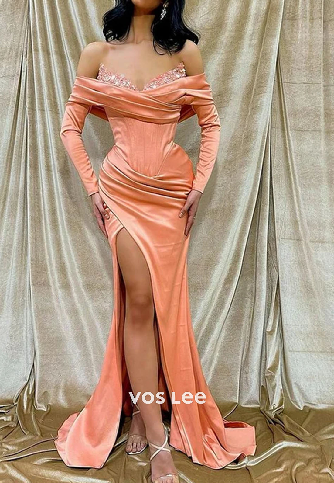 Sequins Off the Shoulder Elegant Long Sleeve Mermaid Prom Dress With Split