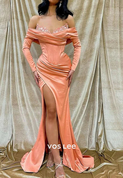 Sequins Off the Shoulder Elegant Long Sleeve Mermaid Prom Dress With Split