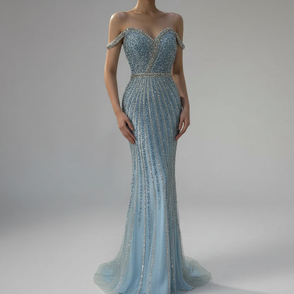 Luxury Dubai  Blue Prom Mermaid Gown Beaded Luxury Saudi Evening Dress for Formal Occasion