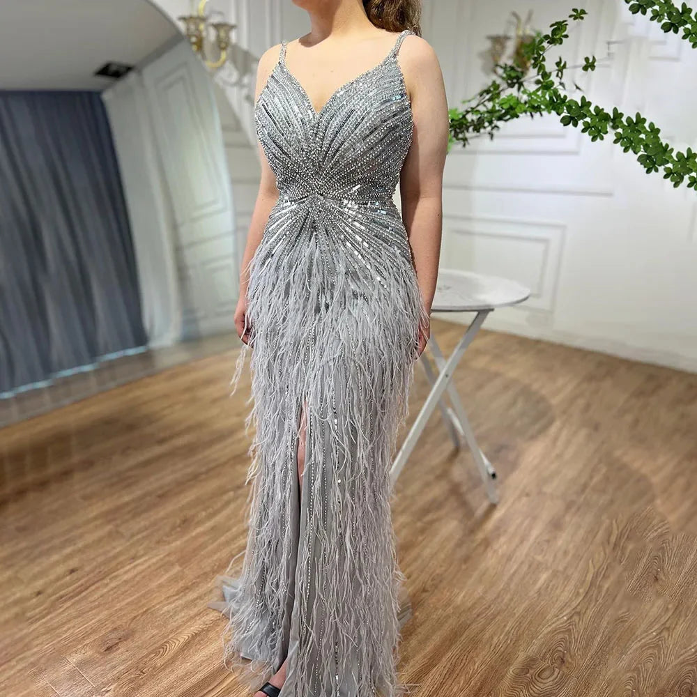 Luxury Classy blue Feathers Beaded Mermaid Prom Dress with Split