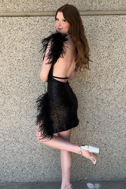 Sexy Black V-Neck Short Glitter Homecoming Dress With Feather