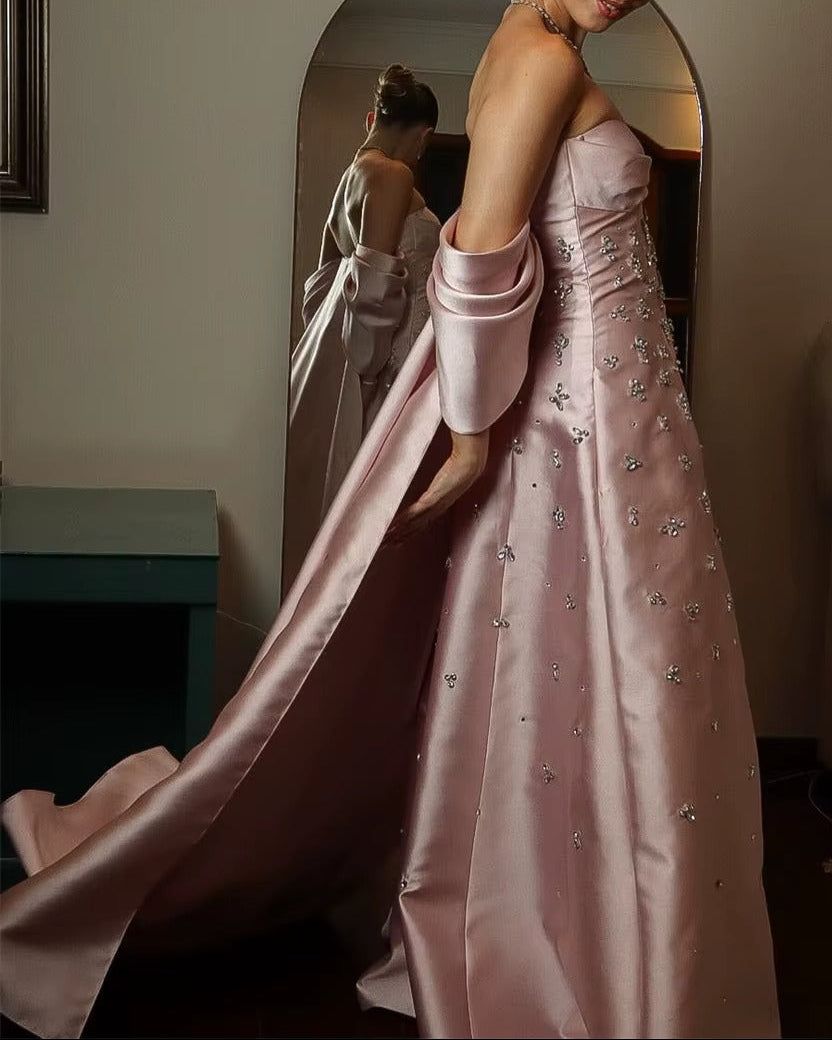 Beaded Satin Evening Gown with Draped Shawl Back