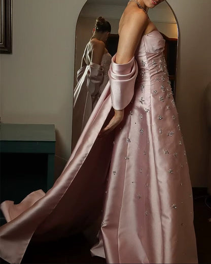 Beaded Satin Evening Gown with Draped Shawl Back