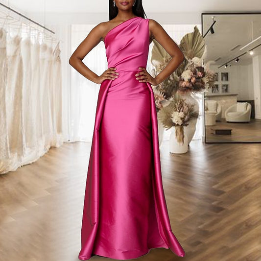One Shoulder Evening Gown - Sleeveless Satin A-Line Formal Dress Floor Length