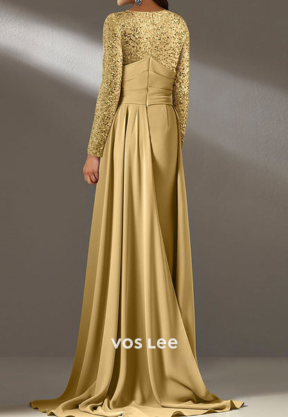 Gold Sequined Long Sleeve Scoop Mermaid Evening Dresses with Sweep Train