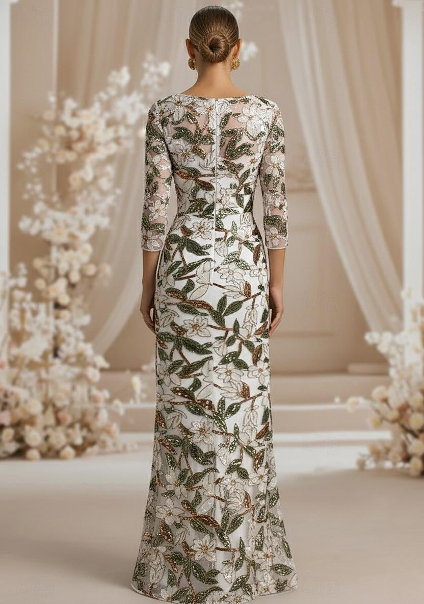 Elegant V-neckline Long sleeves Floral Print Evening Dress