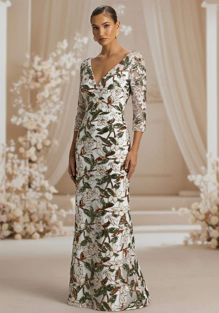 Elegant V-neckline Long sleeves Floral Print Evening Dress