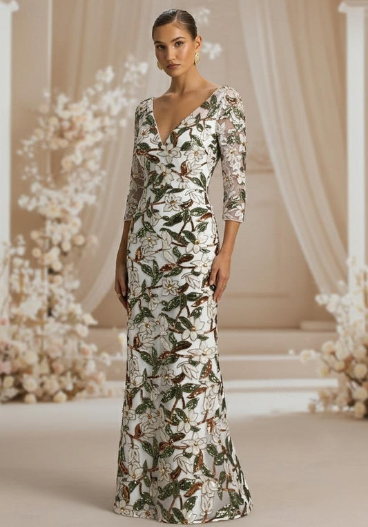 Elegant V-neckline Long sleeves Floral Print Evening Dress