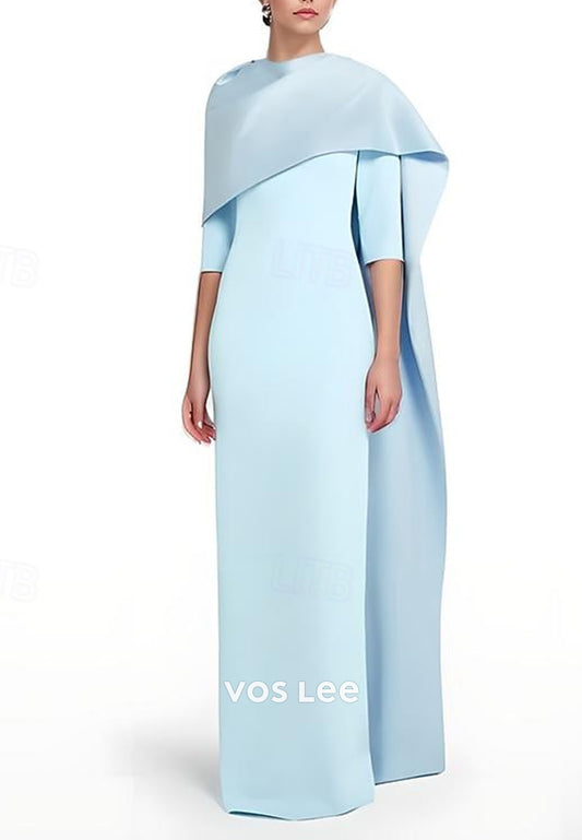 Elegant 3_4 Length Sleeve Column Formal Dress with Slit Shawl