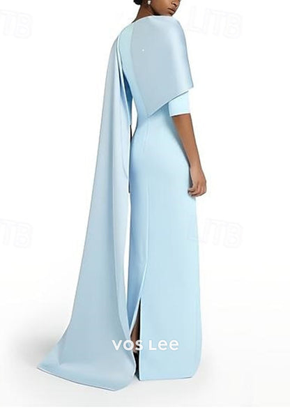 Elegant 3_4 Length Sleeve Column Formal Dress with Slit Shawl