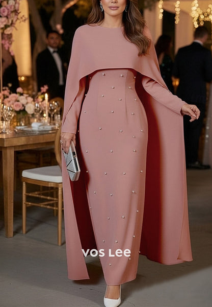 Elegant Long Sleeve Crew Neck Pearls Mother of the Bride Gown Capes with Shawl