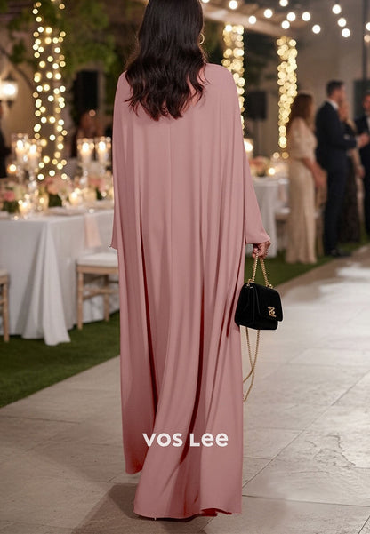 Elegant Long Sleeve Crew Neck Pearls Mother of the Bride Gown Capes with Shawl