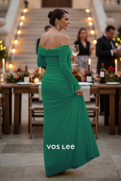 Elegant Long Sleeve Off Shoulder Sheath Formal Wedding Guest with Ruched